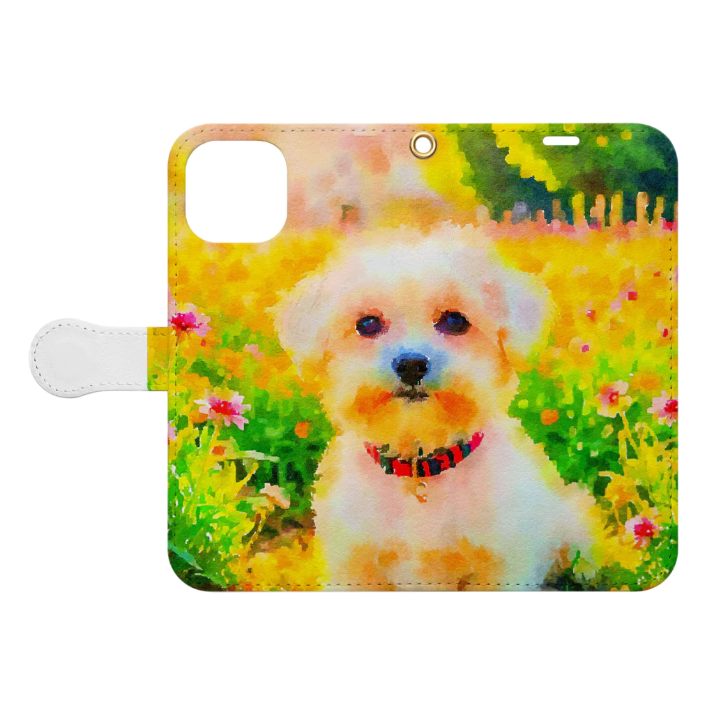 犬好きのしましまの水彩画の犬 花畑のマルチーズのイラスト Book-Style Smartphone Case:Opened (outside)