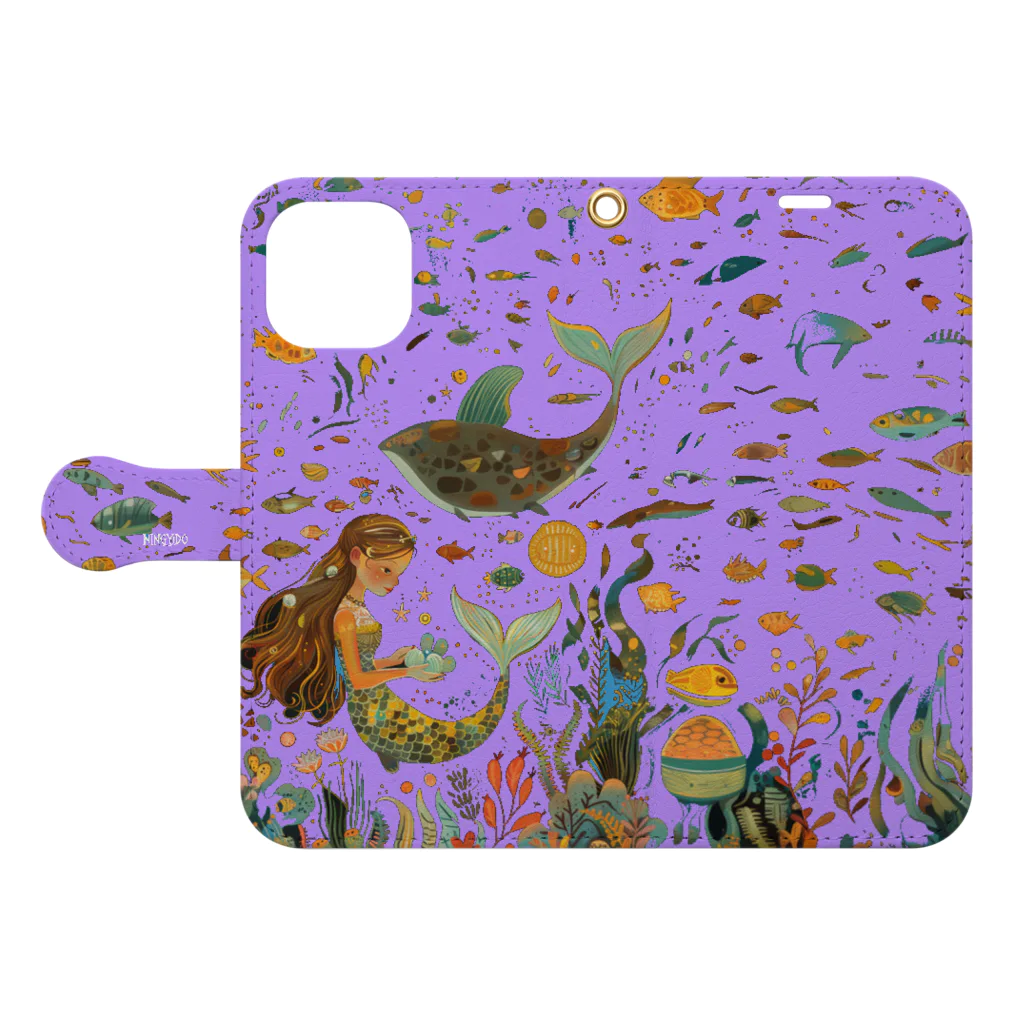 人魚堂の宝石を眺める人魚の手帳型スマホケース(藤色) Notebook phone case of a mermaid gazing at jewels.  (wisteria) 手帳型スマホケースを開いた場合(外側)