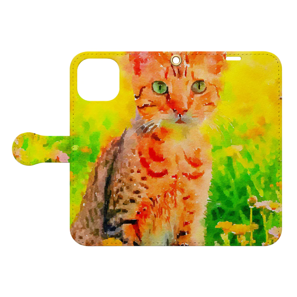 猫好きの谷の猫の水彩画/花畑のオシキャットねこのイラスト/キジトラネコ Book-Style Smartphone Case:Opened (outside)
