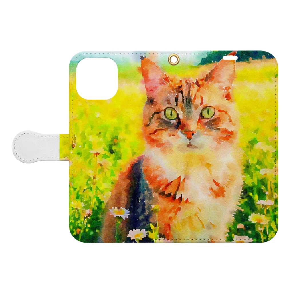 猫好きの谷の猫の水彩画/花畑のマンクスねこのイラスト/キジトラネコ Book-Style Smartphone Case:Opened (outside)