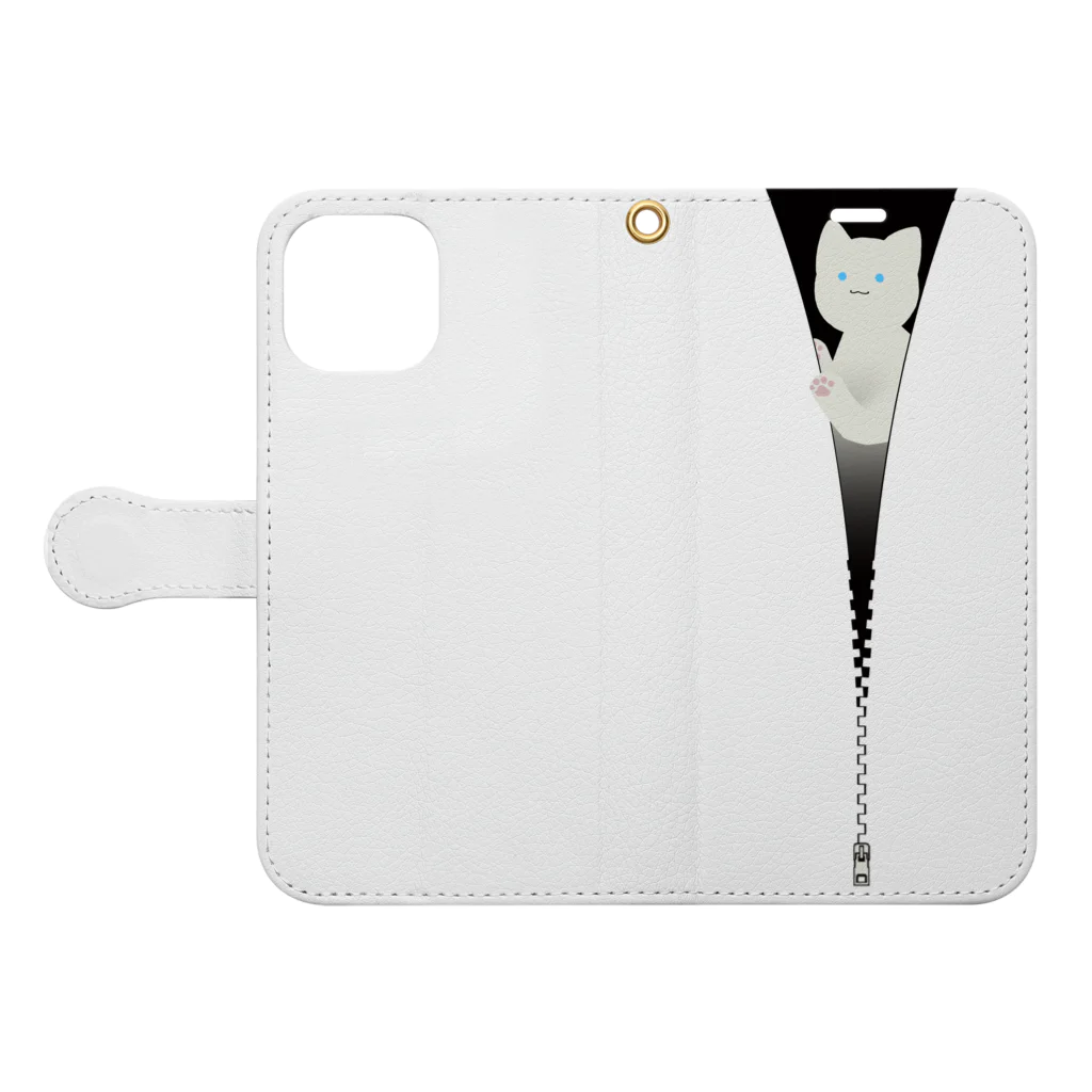 y-sasのファスナー猫　白猫 Book-Style Smartphone Case:Opened (outside)