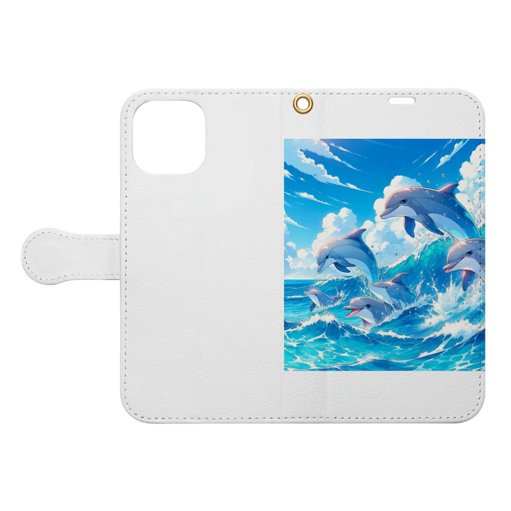 snow-birdの海で遊ぶイルカたちの楽しい風景 Book-Style Smartphone Case:Opened (outside)