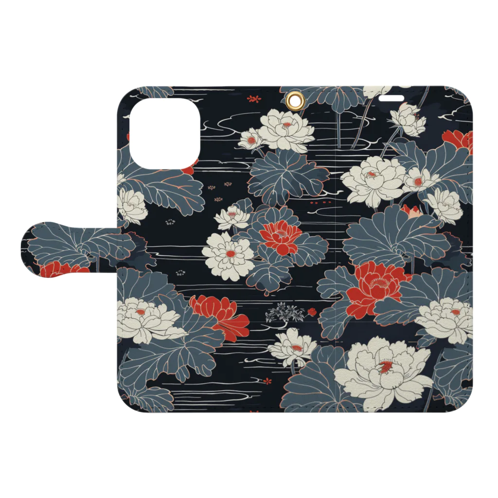 奏桃服店のTranquil Lotus Pond Pattern Book-Style Smartphone Case:Opened (outside)