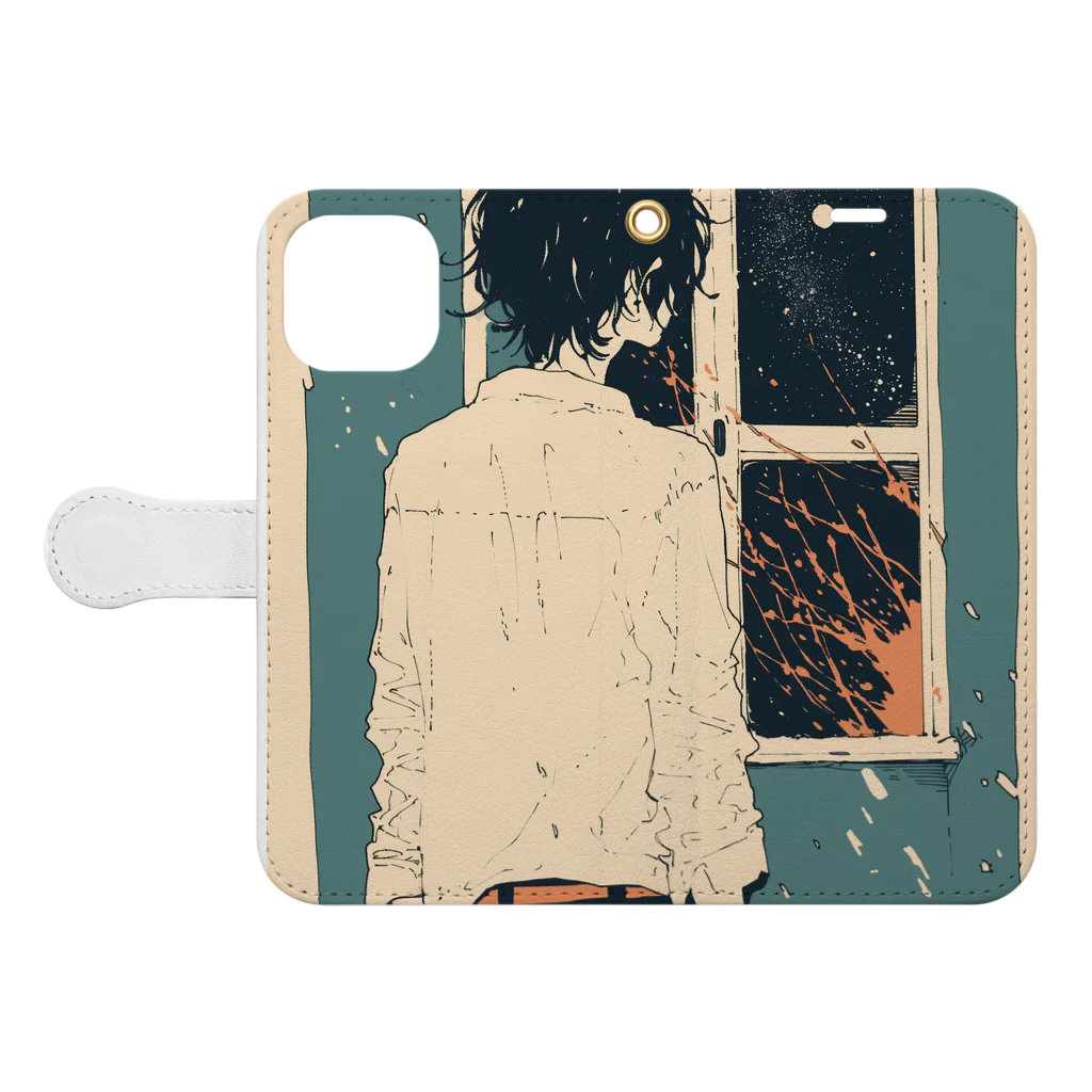 as -AIイラスト- の月夜と背中 Book-Style Smartphone Case:Opened (outside)