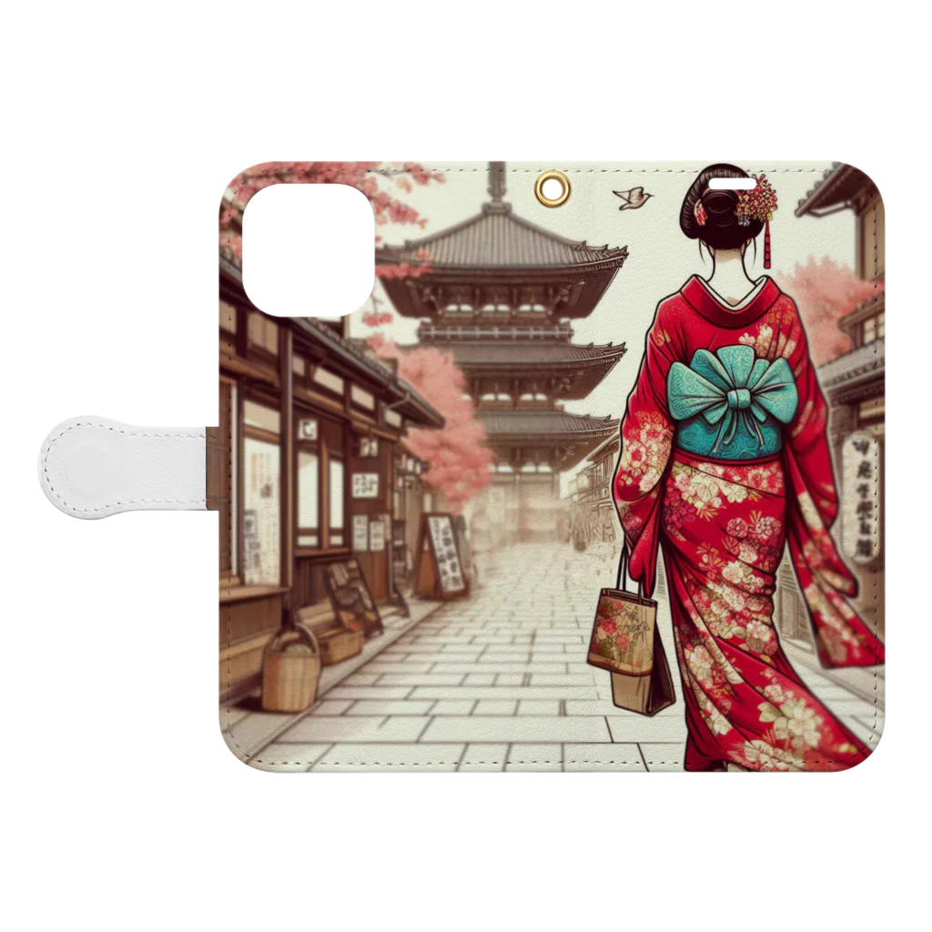 yuchijapanの京都を歩く着物美人イラスト Book-Style Smartphone Case:Opened (outside)