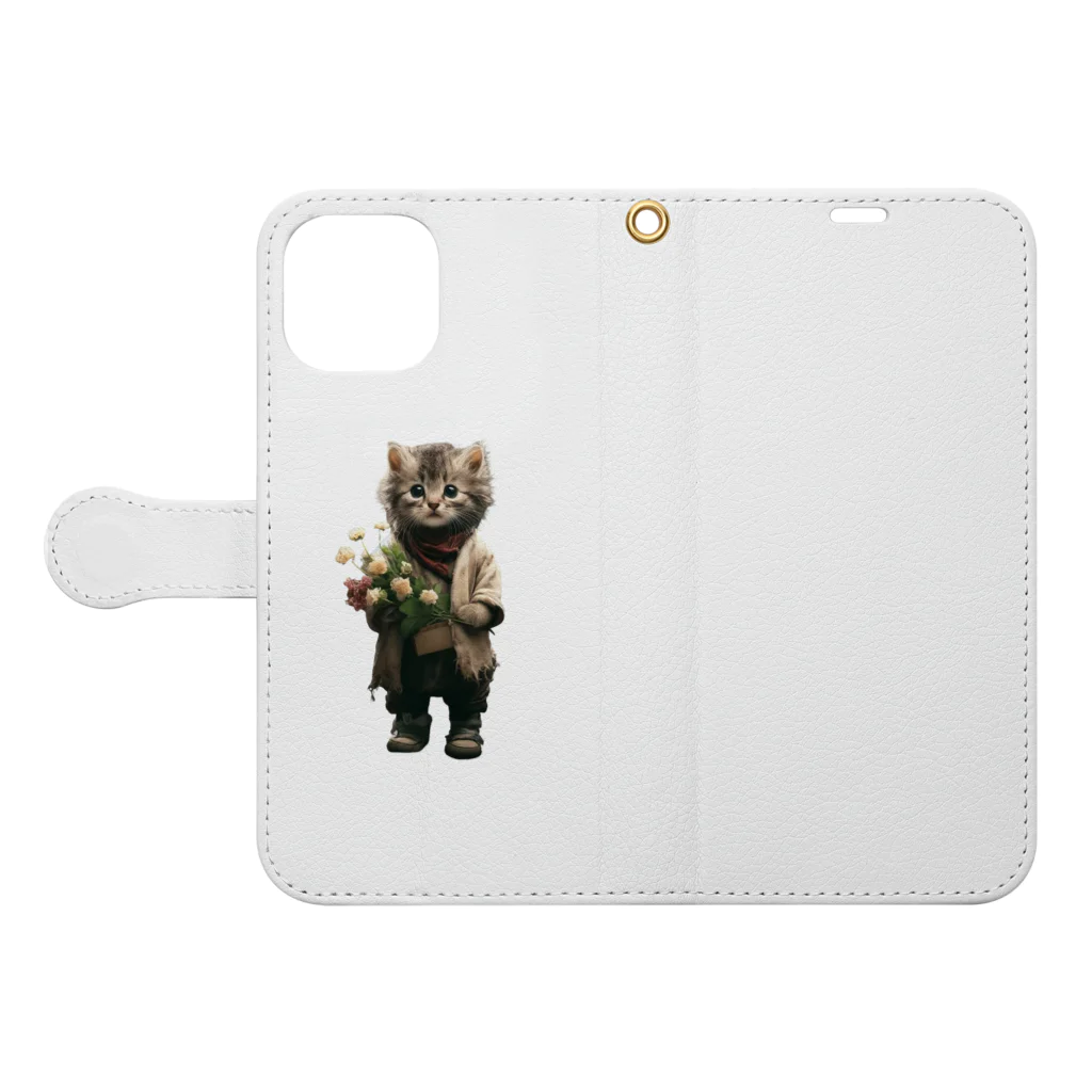 ネコネコ笑店 -Cat Goods Store-の花と猫 -Flowers and Cats- Book-Style Smartphone Case:Opened (outside)