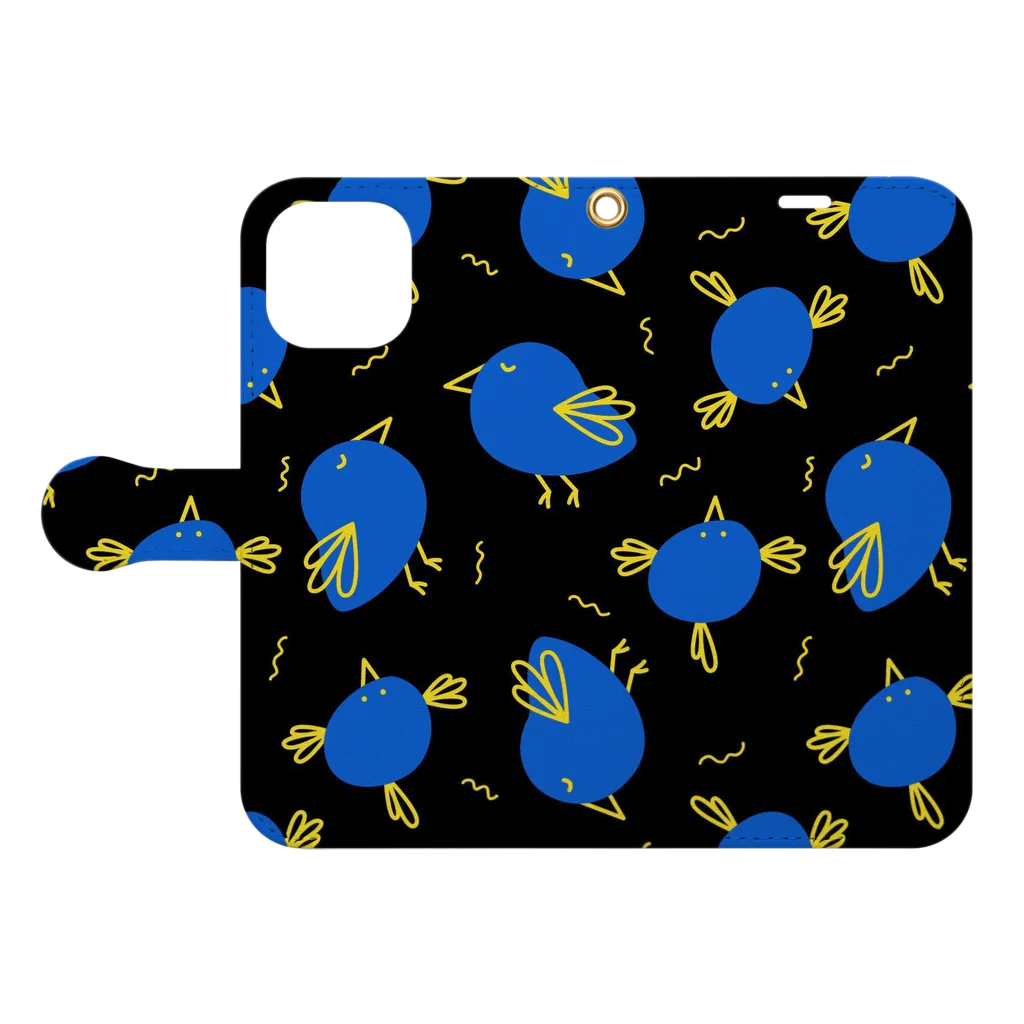 tmtmshopの幸せの青い鳥、黒 Book-Style Smartphone Case:Opened (outside)