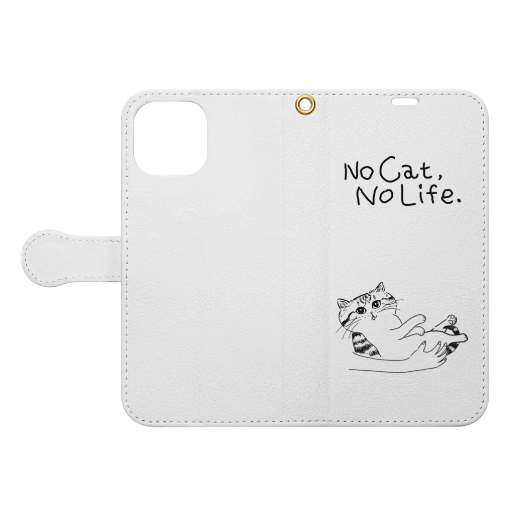 TomoshibiのNo Cat, No Life.  抱っこ猫 手帳型スマホケースを開いた場合(外側)