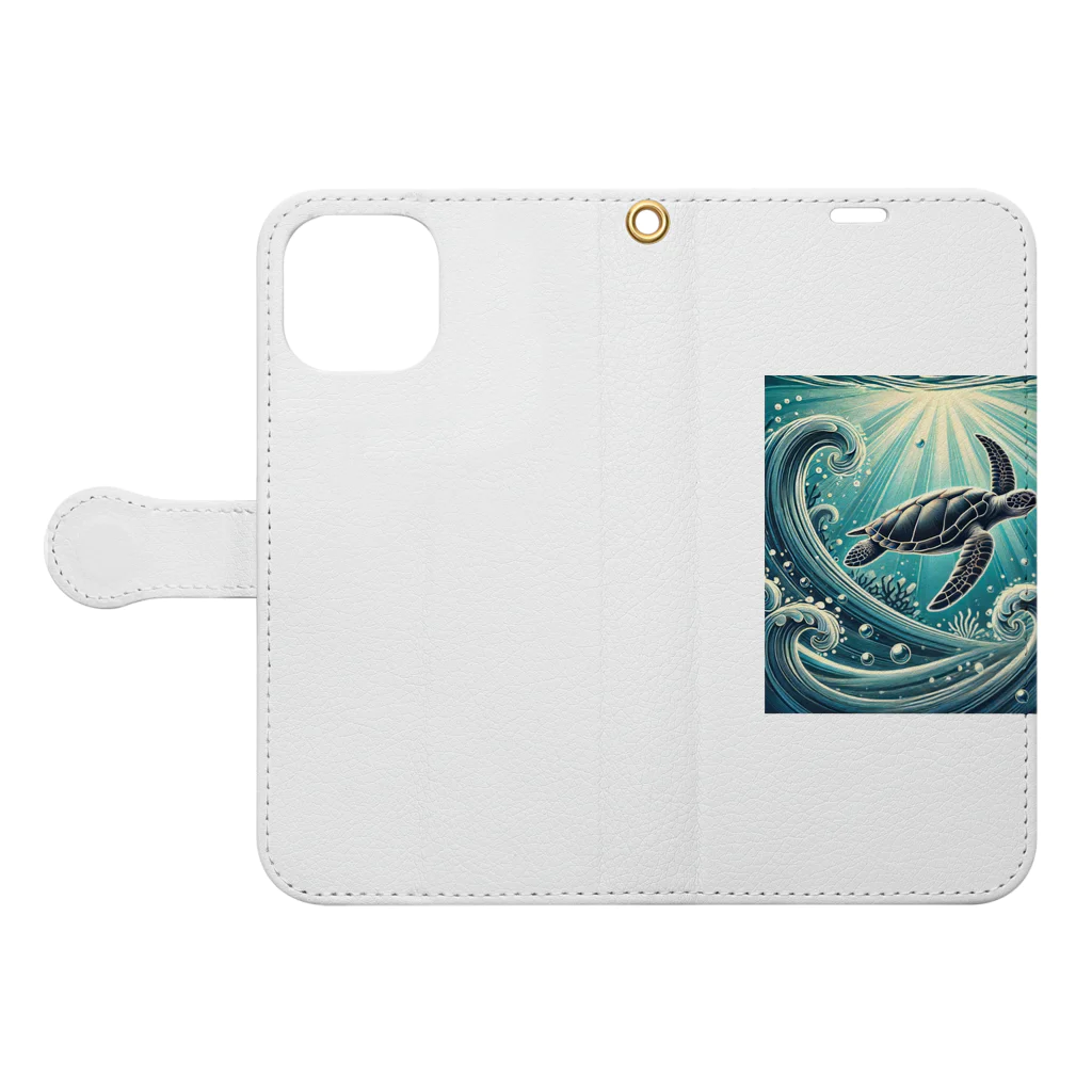海の幸のウミガメと水流 Book-Style Smartphone Case:Opened (outside)