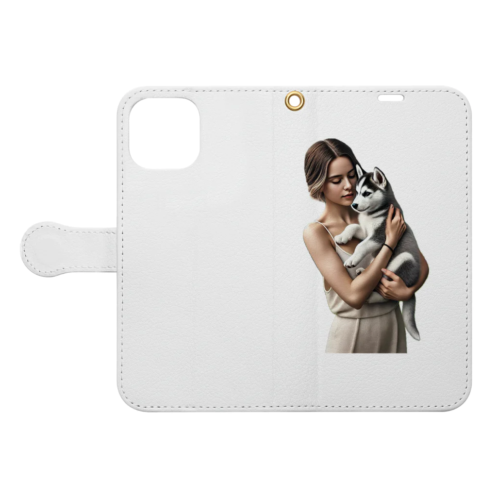 やまけんのかわいさ満点！子犬のハスキー！ Book-Style Smartphone Case:Opened (outside)