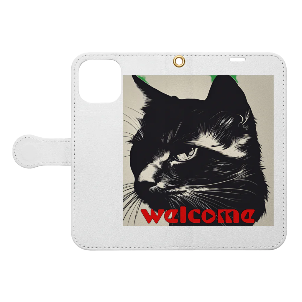 kk-welcomeの黒猫登場Ⅰ Book-Style Smartphone Case:Opened (outside)