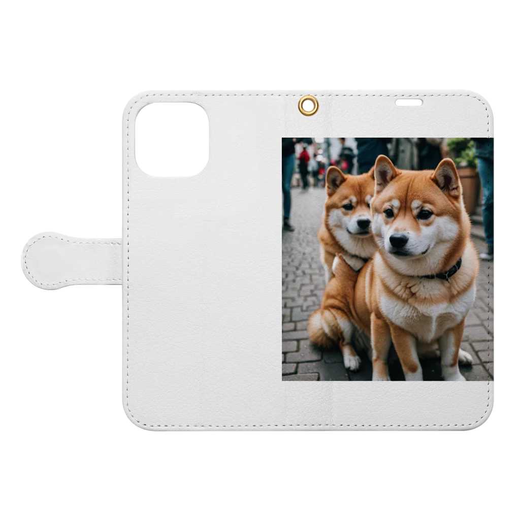 kaerinｰofficeの2匹のかわいい柴犬が仲良く並んで写っています。 Book-Style Smartphone Case:Opened (outside)