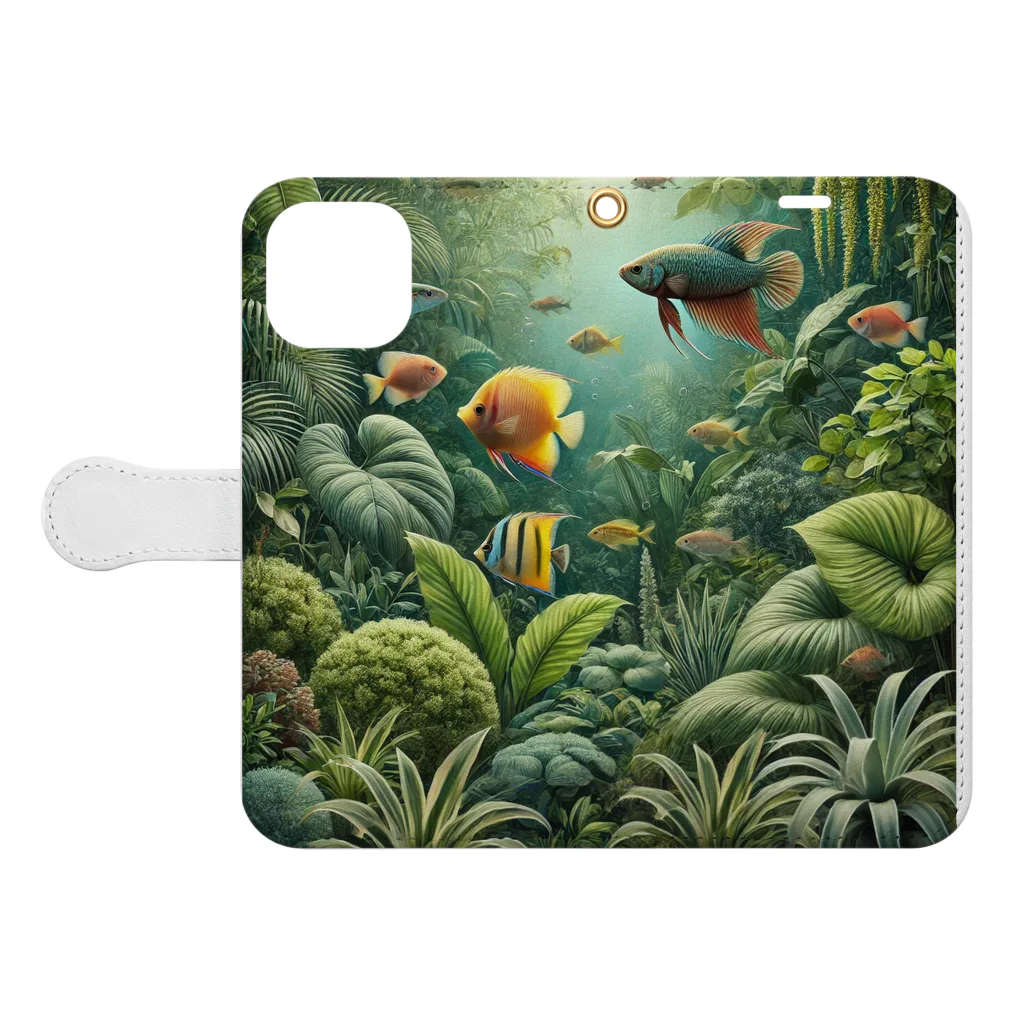 pyoromalの観葉植物×熱帯魚 Book-Style Smartphone Case:Opened (outside)