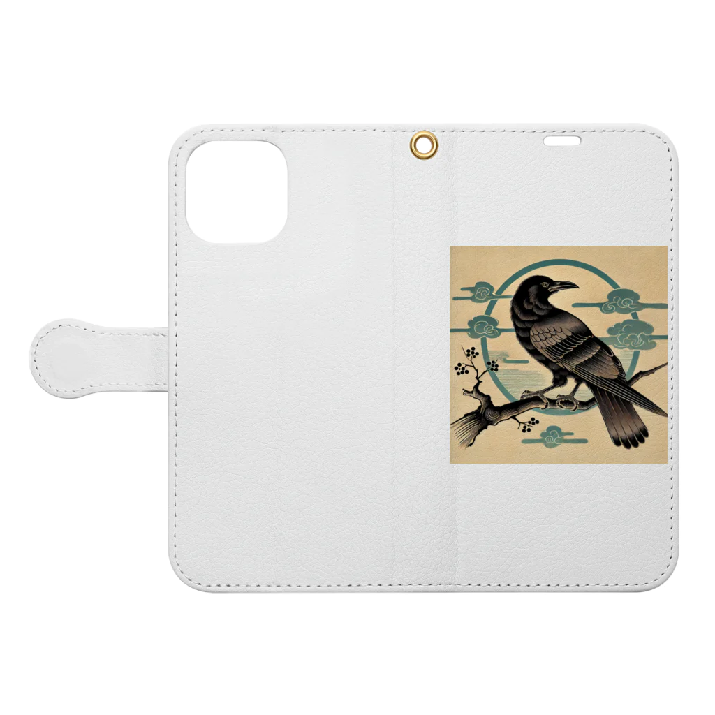 かおる神社 売店の浮世絵カラス Book-Style Smartphone Case:Opened (outside)