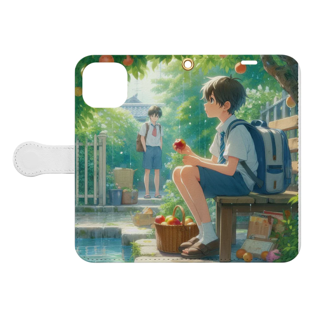 可愛い男の子イラスト販売所　By,keicyanの男の子　中学1年生　果樹園での1コマ Book-Style Smartphone Case:Opened (outside)