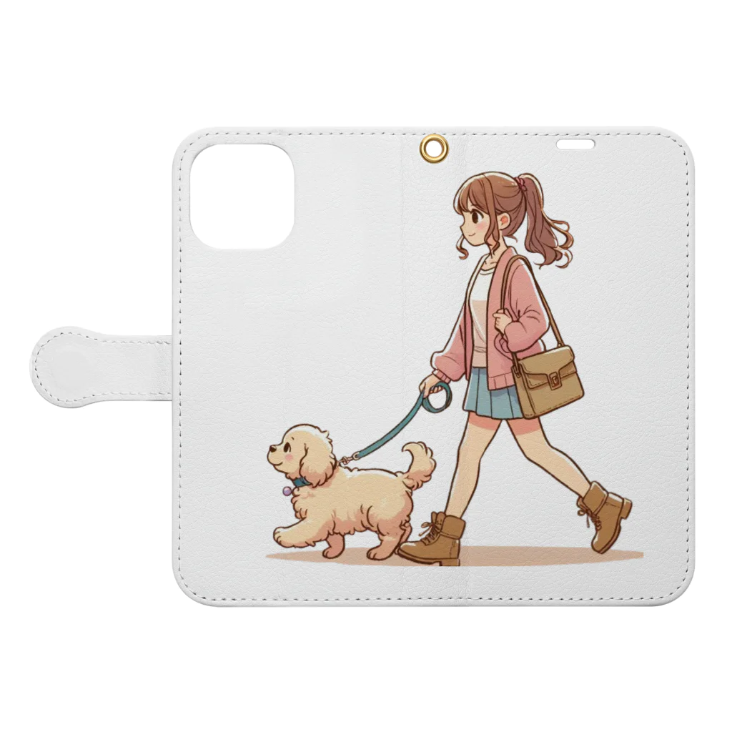 南国のかわいい犬と散歩をする女性 Book-Style Smartphone Case:Opened (outside)