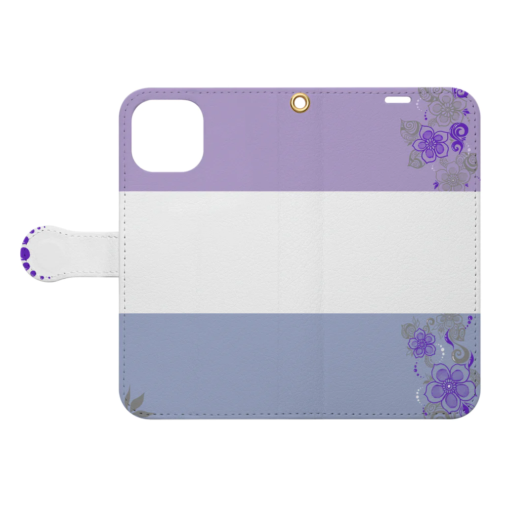 Starmine storeの【caracal】purple and gray flowers 手帳型スマホケースを開いた場合(外側)