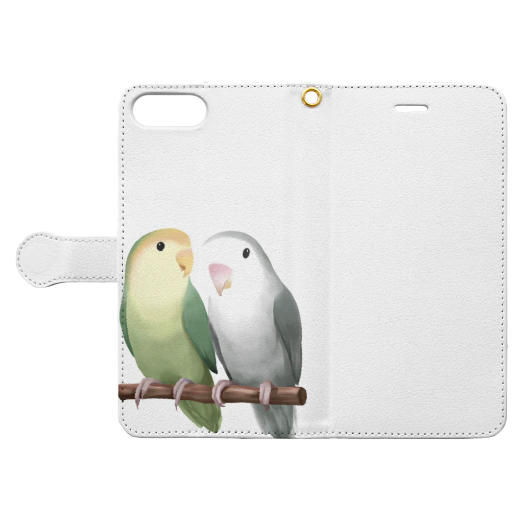 まめるりはことりのコザクラインコ　モーブとオリーブ【まめるりはことり】 Book-Style Smartphone Case:Opened (outside)