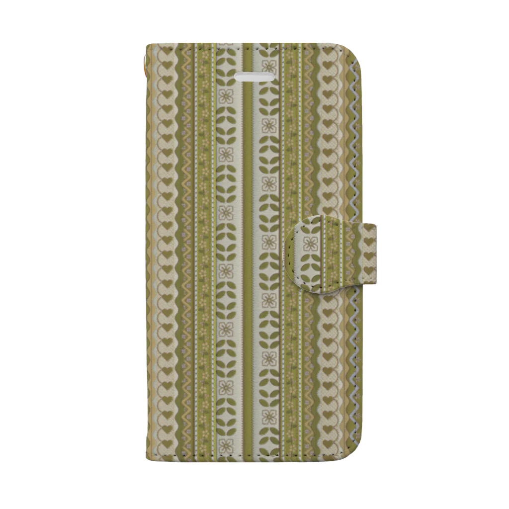 La Novia Hermosaの民族衣装の乙女スマホケース　刺繍　レース　ヴィンテージ　クラシック　アンティーク　フラワー　ハート　 フラワー　花柄　ハート オリーブグリーン　黄緑 Book-Style Smartphone Case