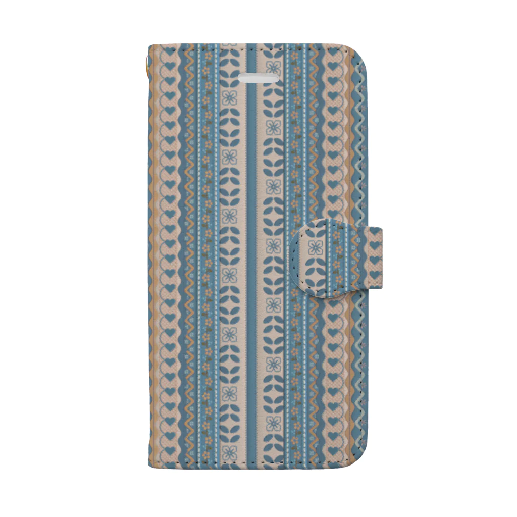 La Novia Hermosaの民族衣装の乙女スマホケース　刺繍　レース　ヴィンテージ　クラシック　アンティーク フラワー　ハート　 フラワー　花柄　ハート ブルー　水色 Book-Style Smartphone Case