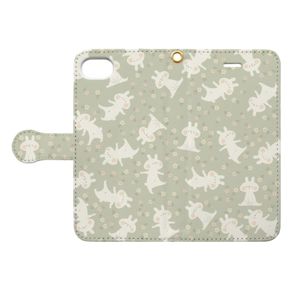 ＊momochy shop＊のお花とうさぎ(ミント) Book-Style Smartphone Case:Opened (outside)