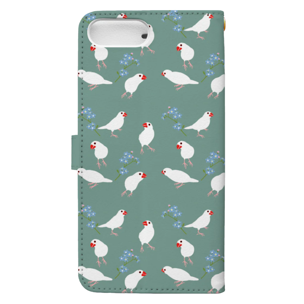 文鳥中心の文鳥と青い花 Book-Style Smartphone Case :back