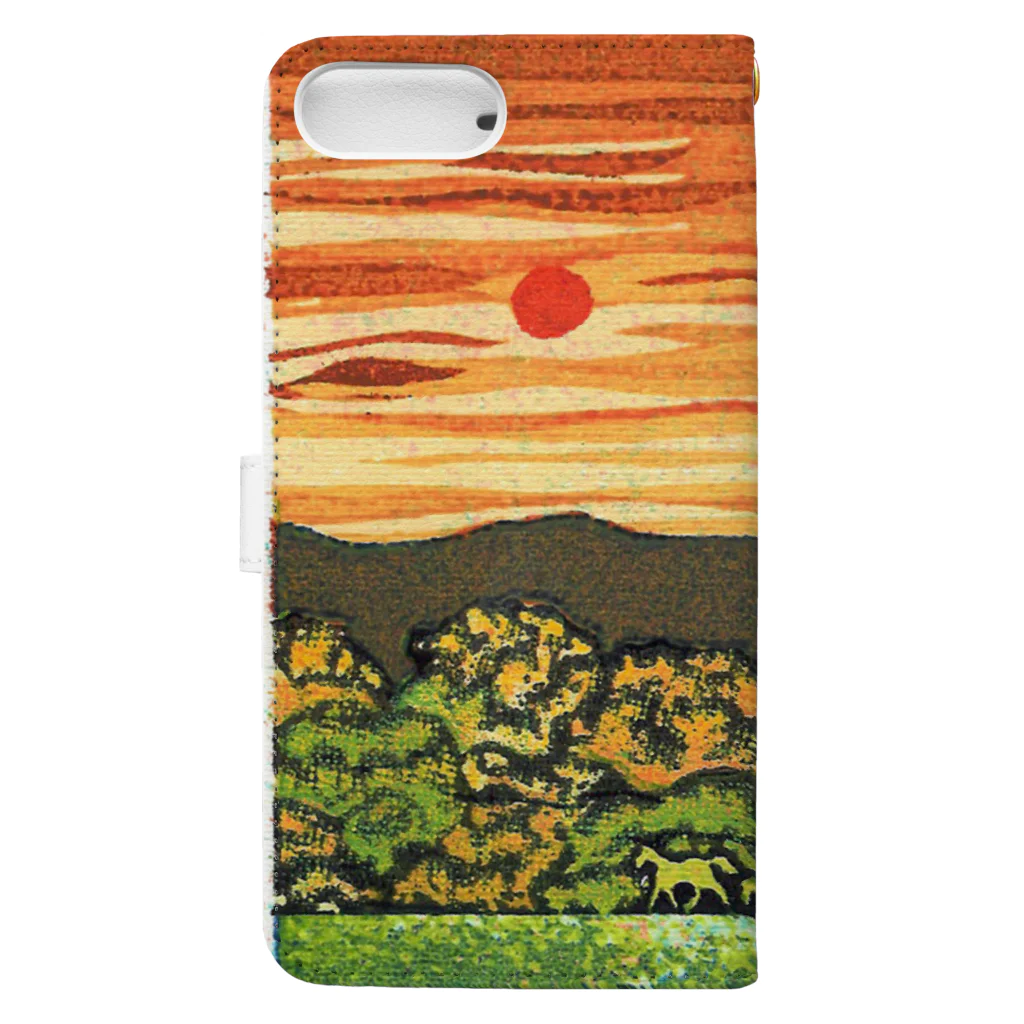 版画舎かちの【夢幻】…夕焼けの馬の親子… Book-Style Smartphone Case :back