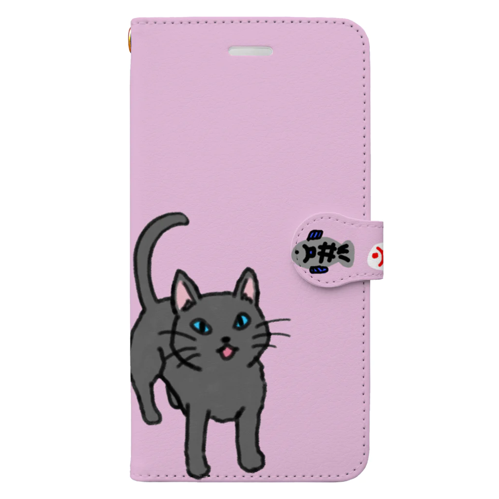 モチクマの猫とお魚柄（ピンク） Book-Style Smartphone Case