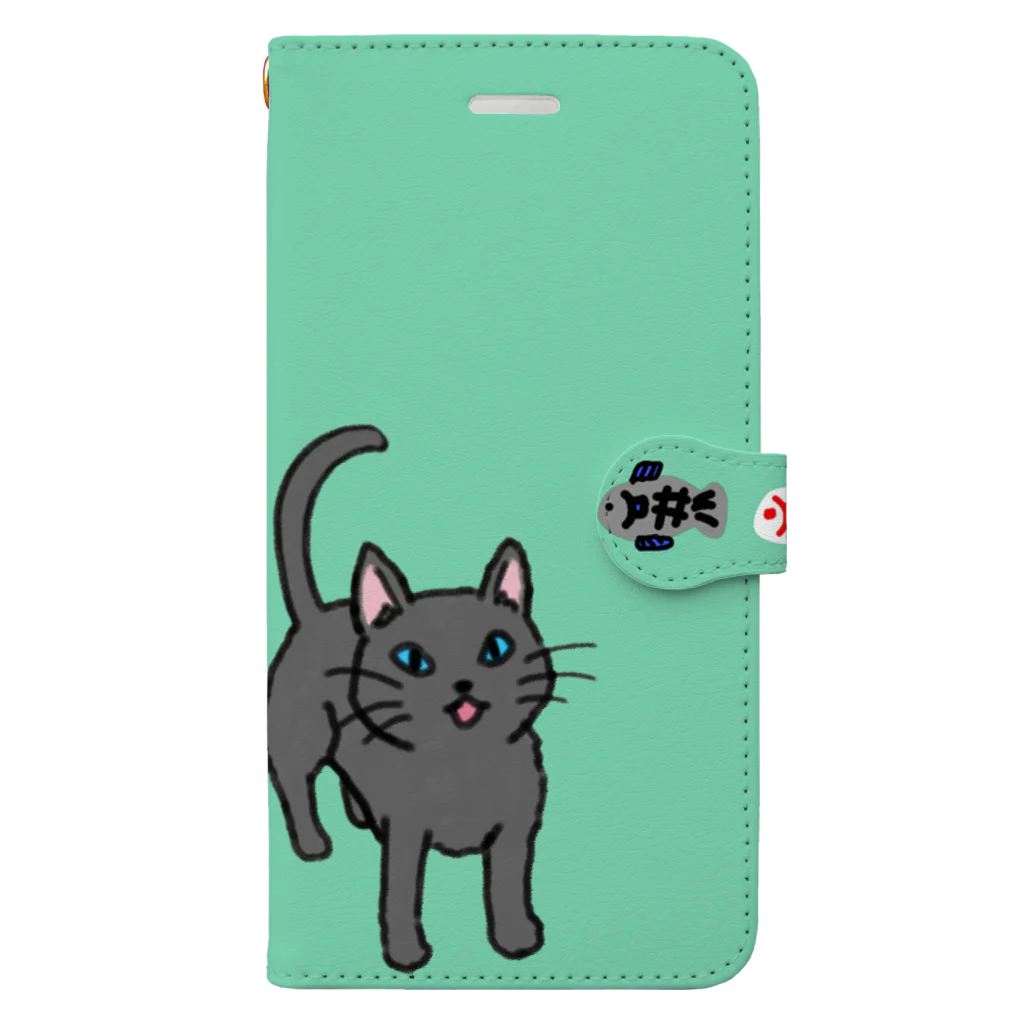 モチクマの猫とお魚柄（グリーン） Book-Style Smartphone Case