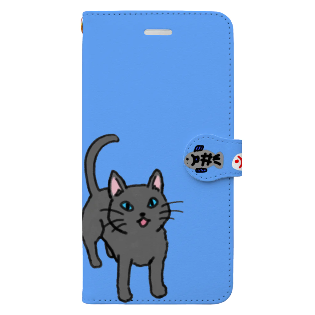 モチクマの猫とお魚柄（ブルー） Book-Style Smartphone Case