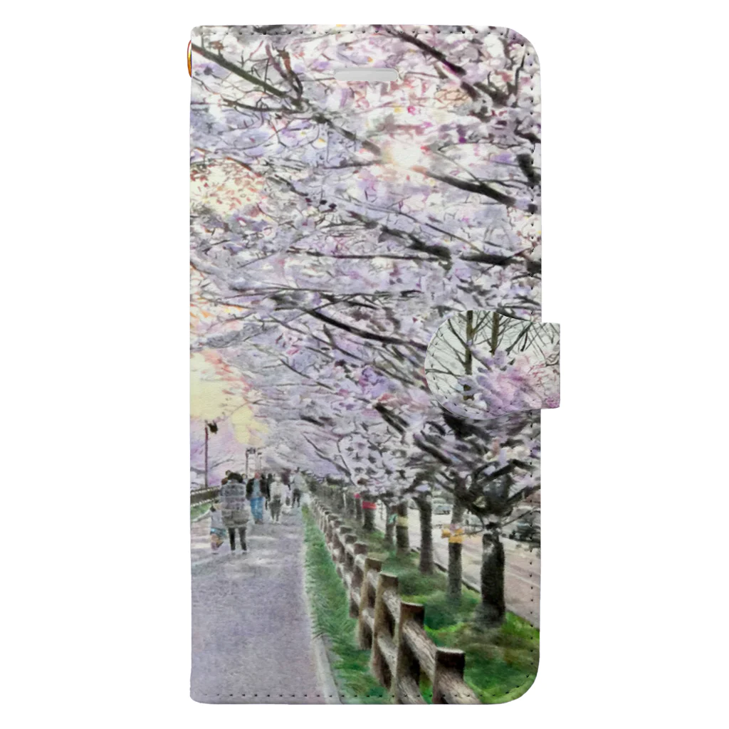 halu factoryの色鉛筆画　「桜道」 手帳型スマホケース