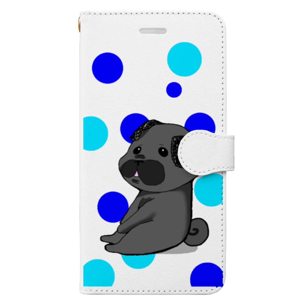 こてんshop.pugのドット黒パグ 手帳型スマホケース