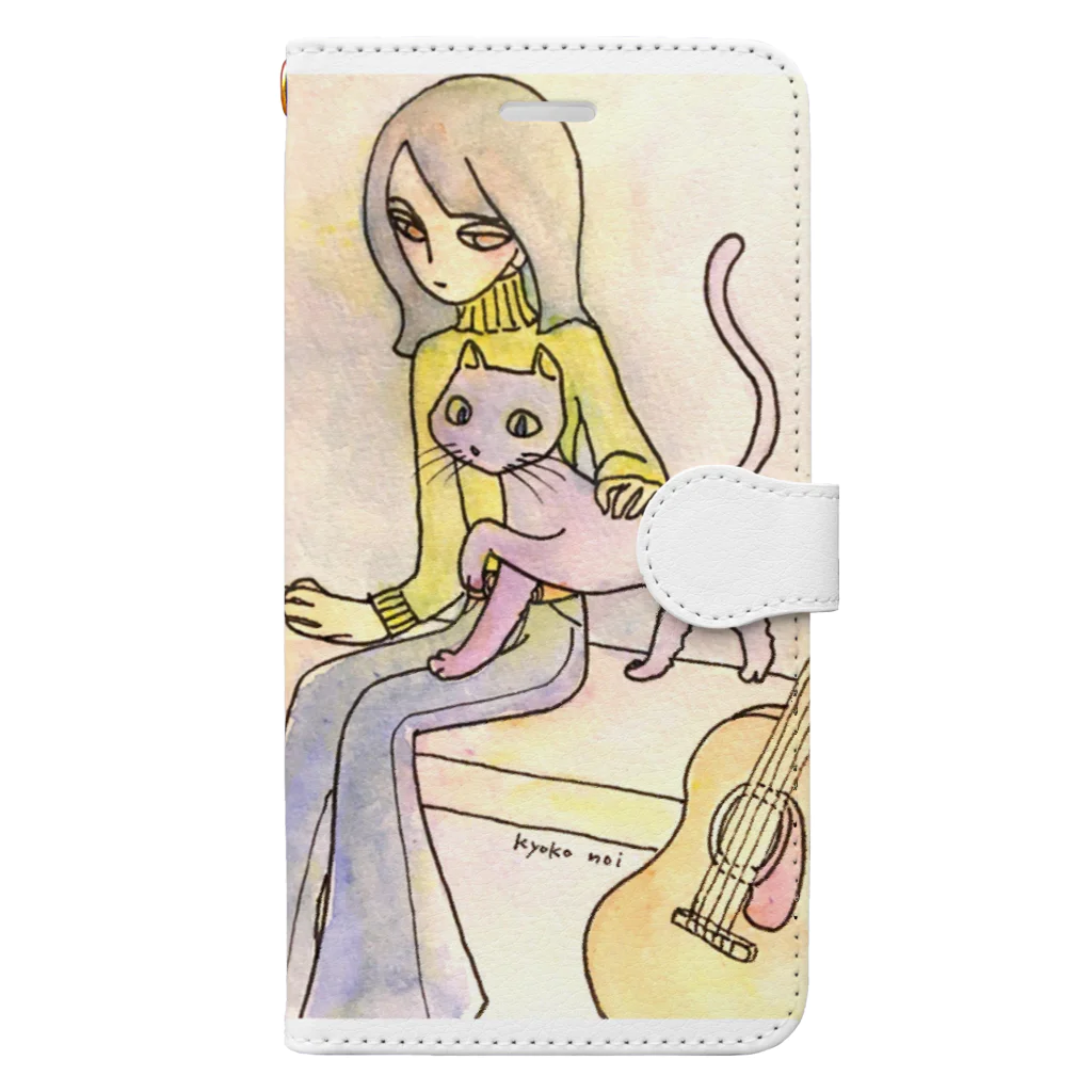 きょこちSHOPのレトロな女の子　ギターと猫 手帳型スマホケース