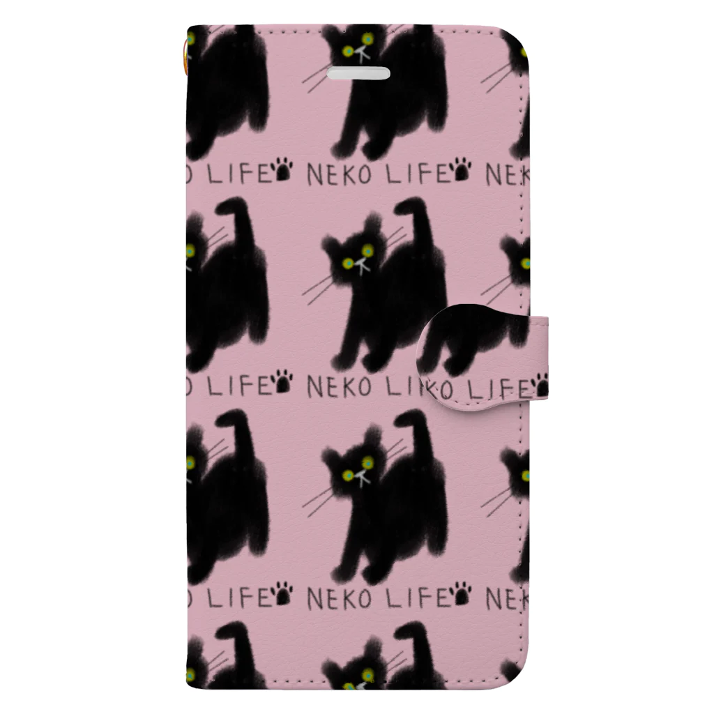 小鳥と映画館のネコライフ 青い瞳の黒猫 ピンクパープル Book-Style Smartphone Case