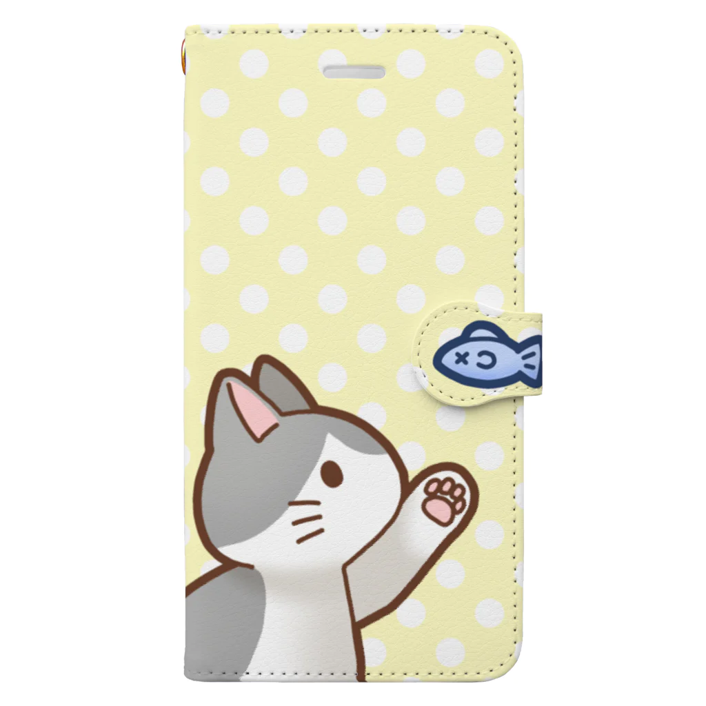 かわいいもののおみせ　いそぎんちゃくのお魚にゃーバージョン２　灰白猫　イエロー水玉柄 Book-Style Smartphone Case