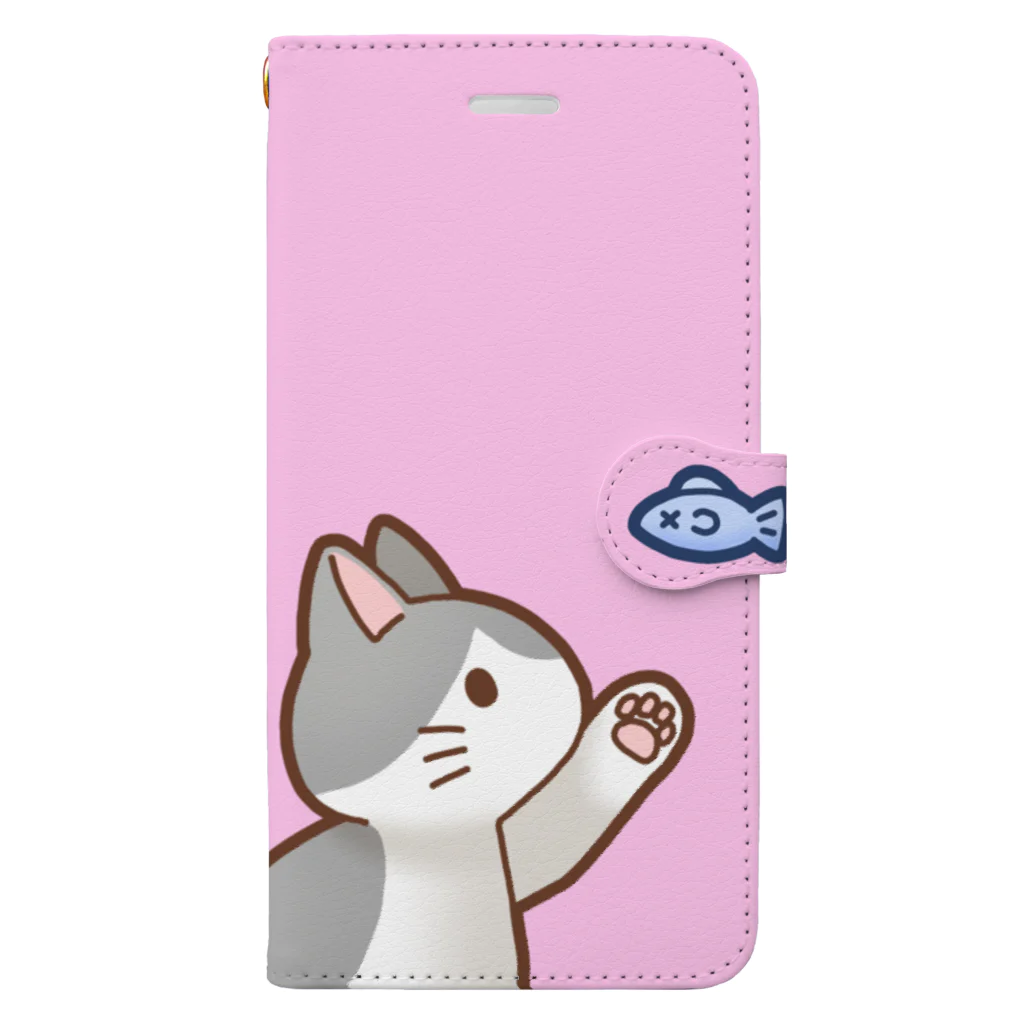 かわいいもののおみせ　いそぎんちゃくのお魚にゃーバージョン２　灰白猫　ピンク 手帳型スマホケース
