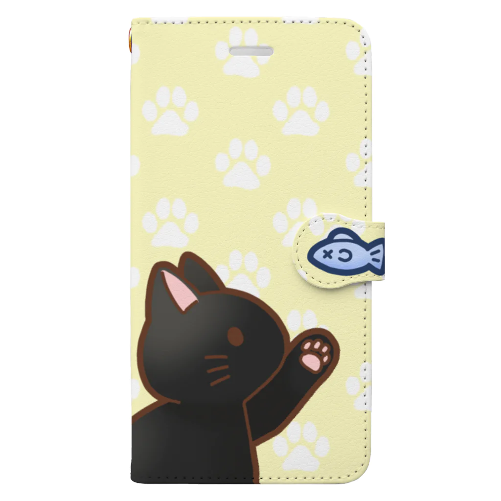 かわいいもののおみせ　いそぎんちゃくのお魚にゃーバージョン２　黒猫　イエロー肉球柄 Book-Style Smartphone Case