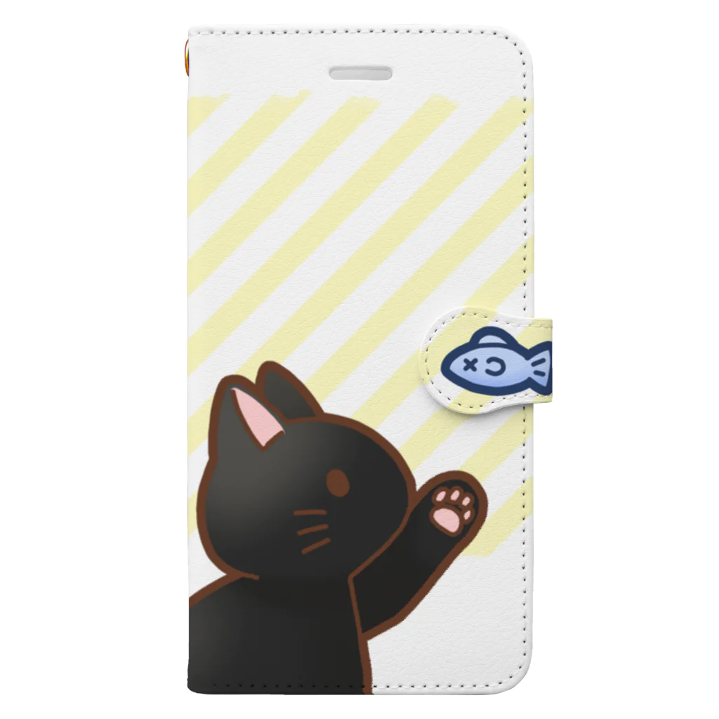 かわいいもののおみせ　いそぎんちゃくのお魚にゃーバージョン２　黒猫　イエローストライプ　上下白ライン Book-Style Smartphone Case