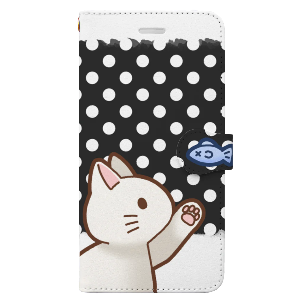 かわいいもののおみせ　いそぎんちゃくのお魚にゃーバージョン２　白猫　ブラック水玉柄　上下白ライン Book-Style Smartphone Case