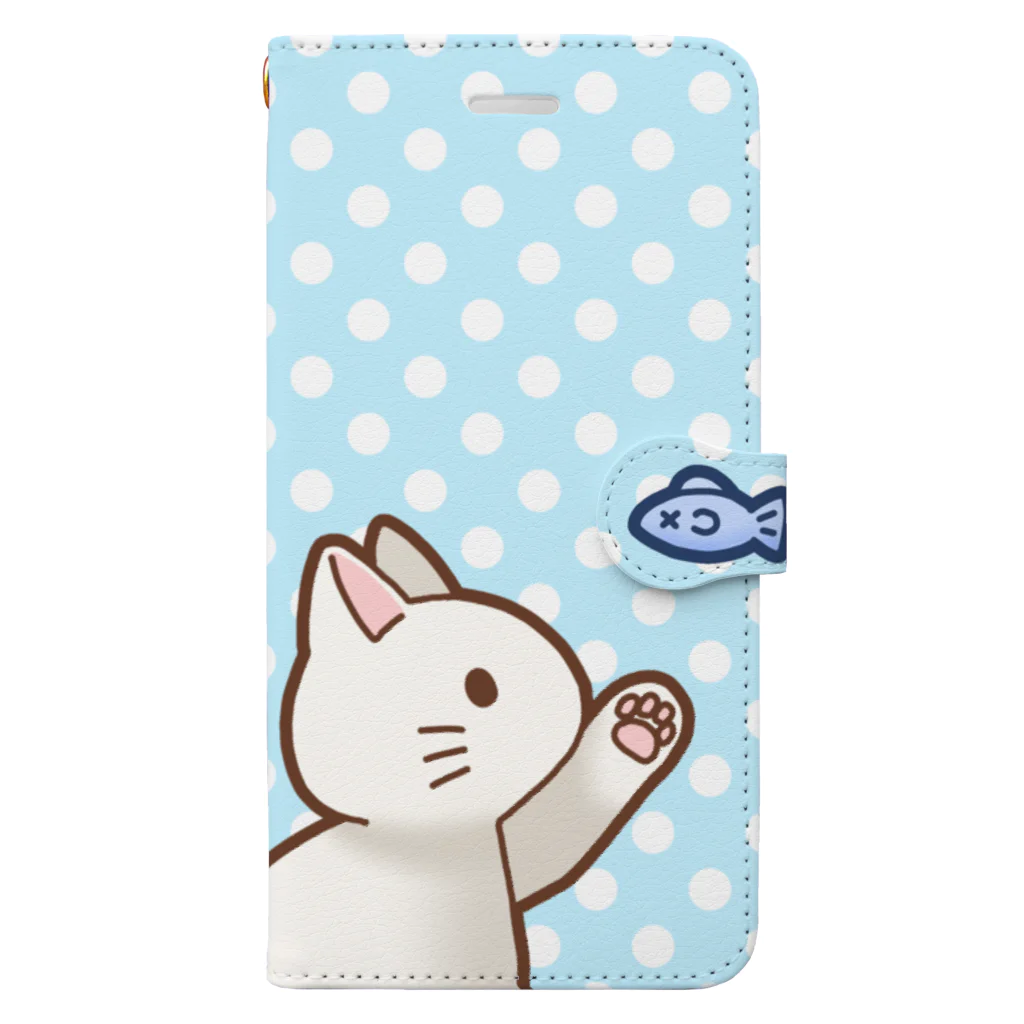 かわいいもののおみせ　いそぎんちゃくのお魚にゃーバージョン２　白猫　ブルー水玉柄 Book-Style Smartphone Case