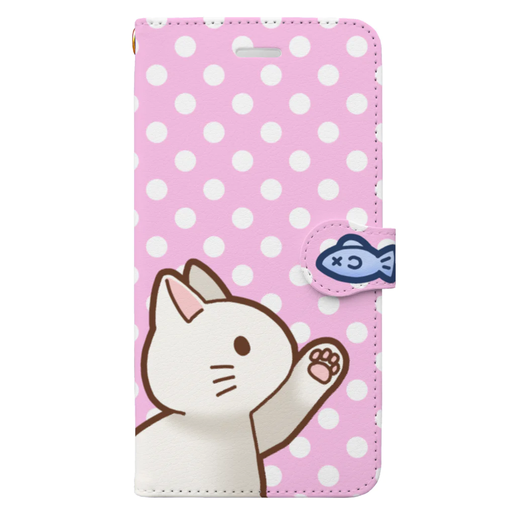 かわいいもののおみせ　いそぎんちゃくのお魚にゃーバージョン２　白猫　ピンク水玉柄 Book-Style Smartphone Case