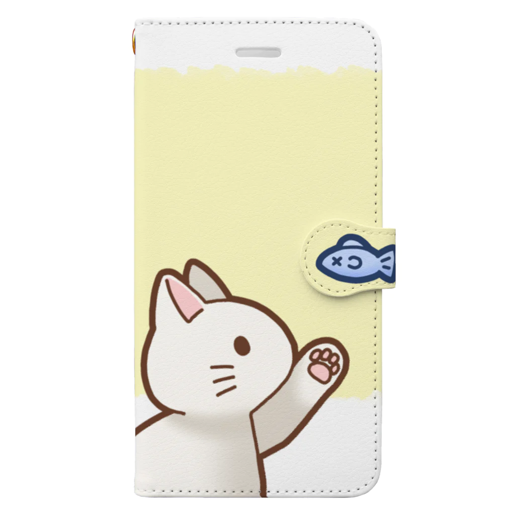 かわいいもののおみせ　いそぎんちゃくのお魚にゃーバージョン２　白猫　イエロー　上下白ライン Book-Style Smartphone Case