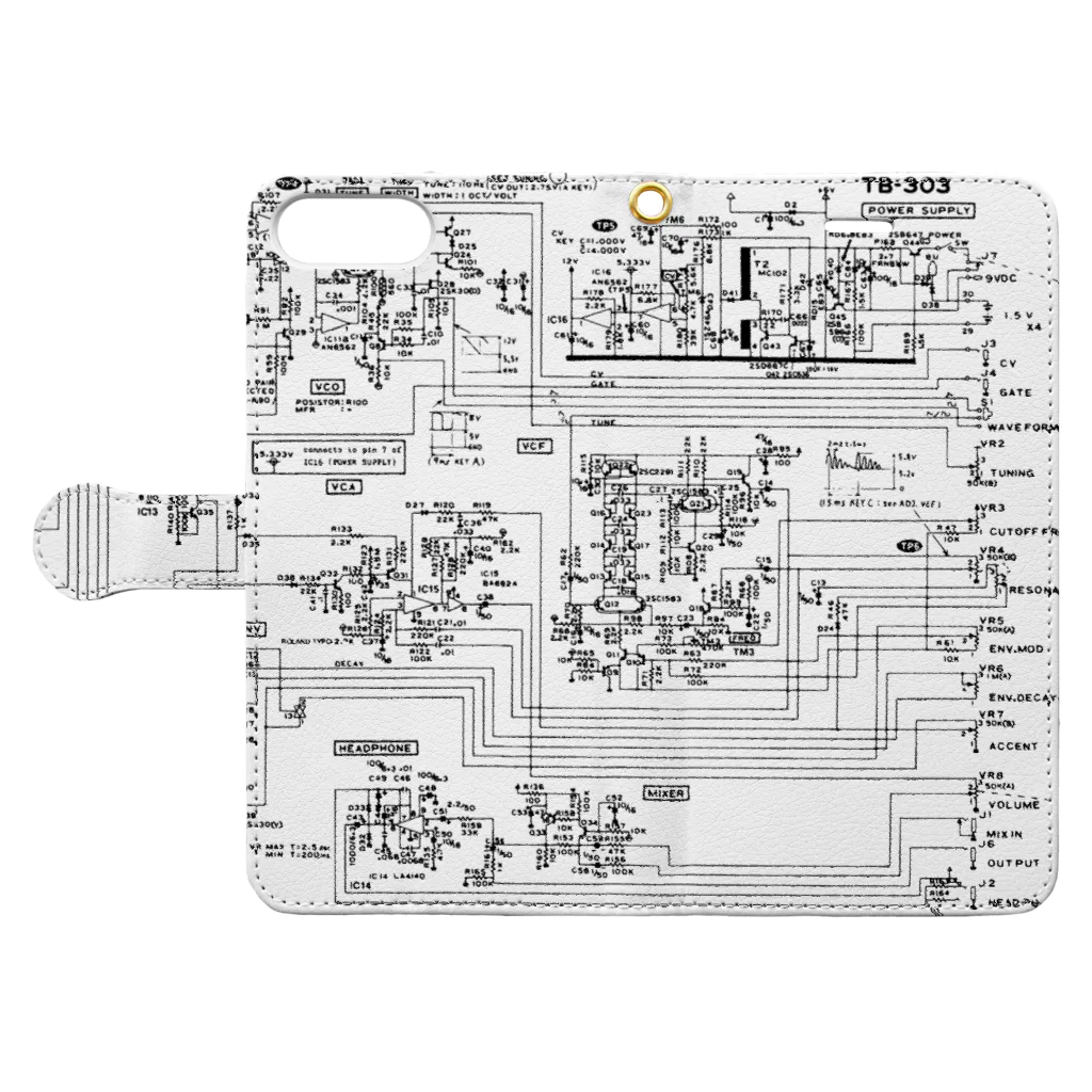 metao dzn【メタヲデザイン】のTB-303 回路図 手帳型スマホケースを開いた場合(外側)