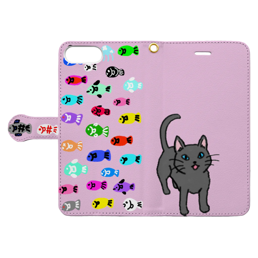 モチクマの猫とお魚柄（ピンク） Book-Style Smartphone Case:Opened (outside)