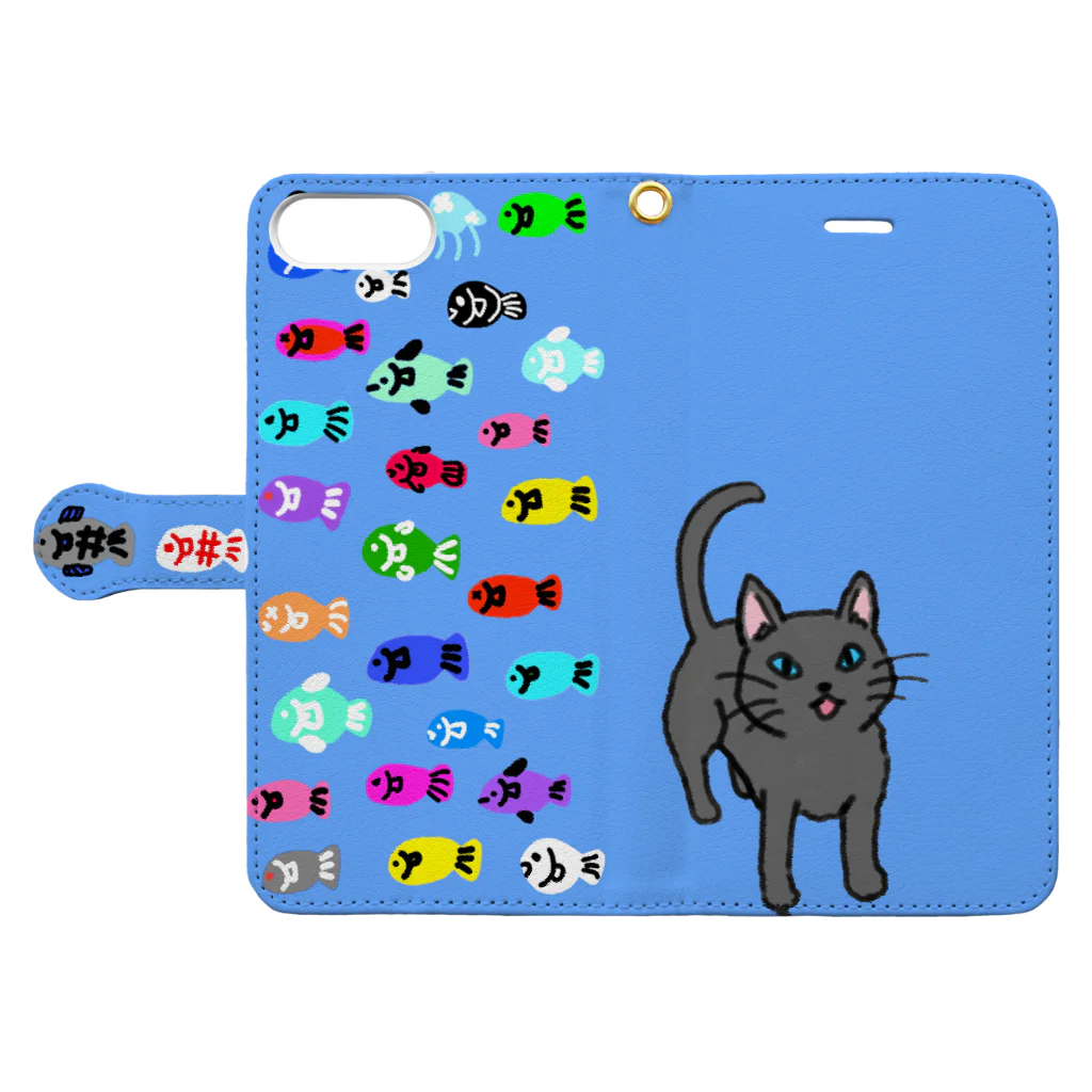 モチクマの猫とお魚柄（ブルー） Book-Style Smartphone Case:Opened (outside)