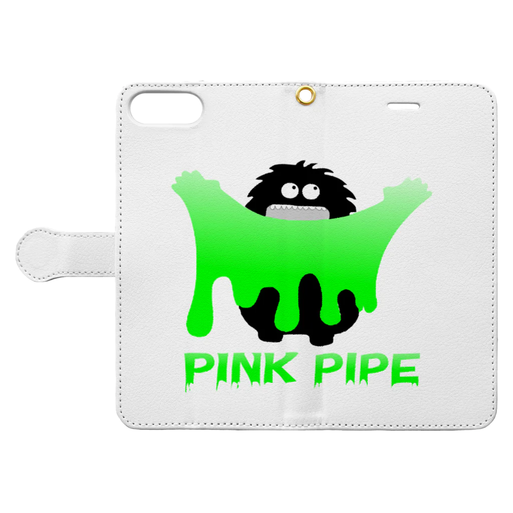 PinkPipeのPINK PIPEスライムモンスター緑 手帳型スマホケースを開いた場合(外側)