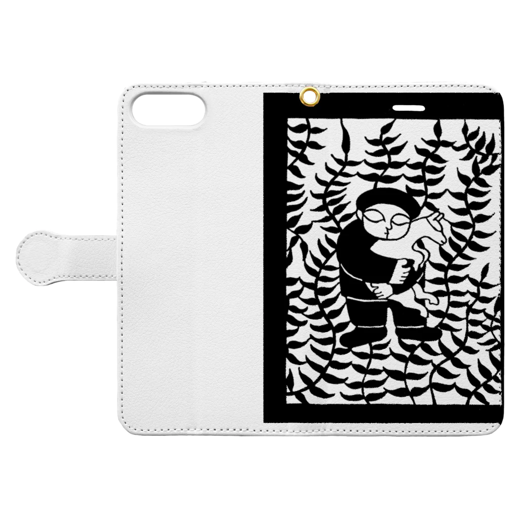 ツバメ堂の山羊と少年（モノクロ） Book-Style Smartphone Case:Opened (outside)