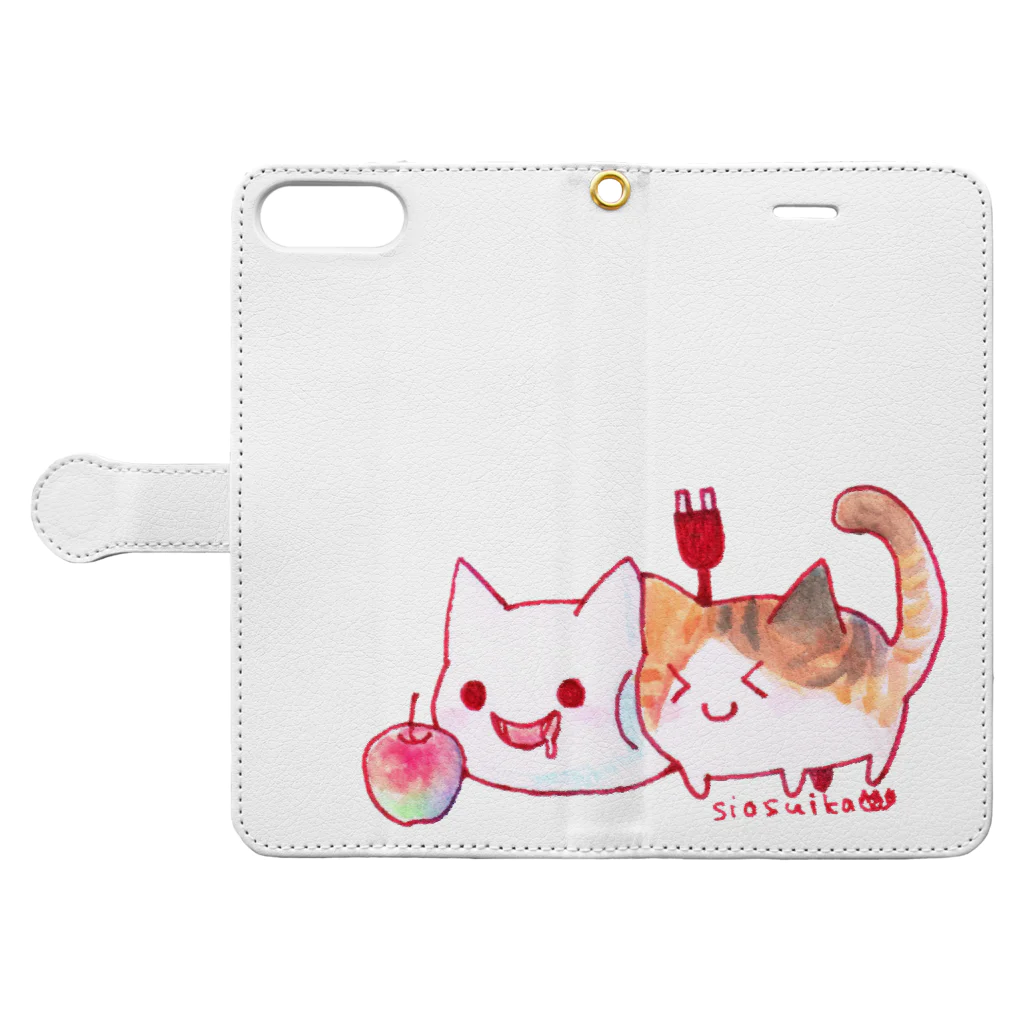 ねこさん爆発ショップのねこさんと三毛猫とリンゴ Book-Style Smartphone Case:Opened (outside)