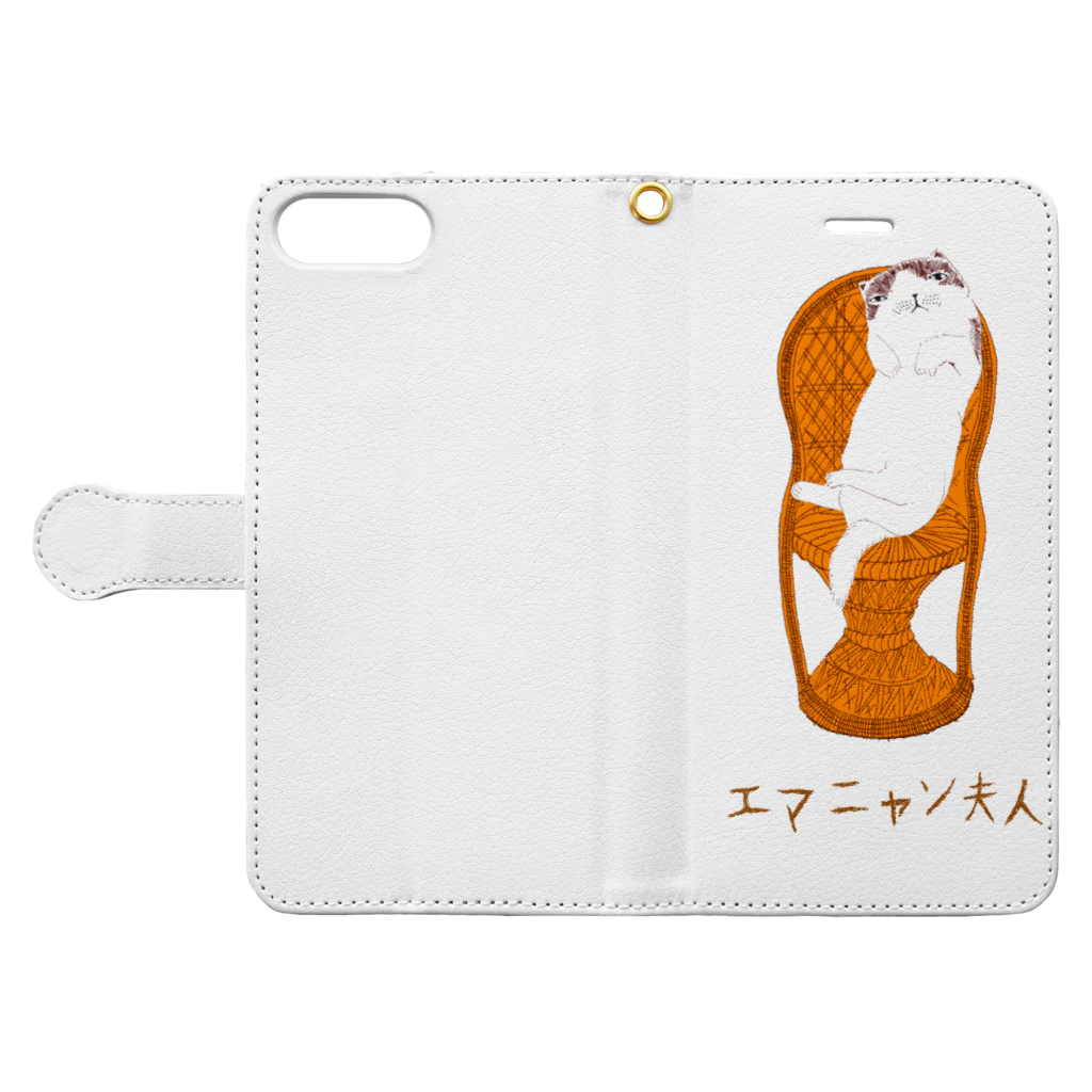 NIKORASU GOのユーモアダジャレネコデザイン「エマニャン夫人」 Book-Style Smartphone Case:Opened (outside)