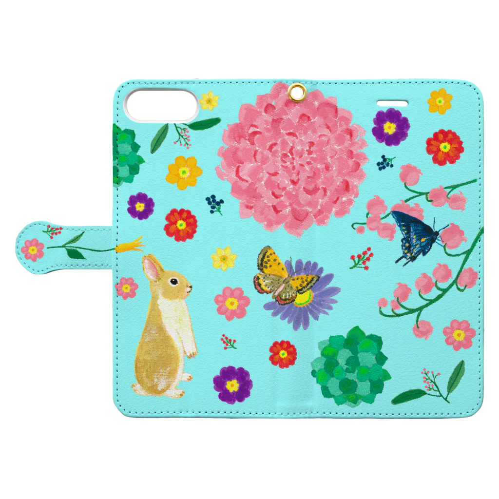 yminaminのうさぎのウオレットケース水色 Book-Style Smartphone Case:Opened (outside)